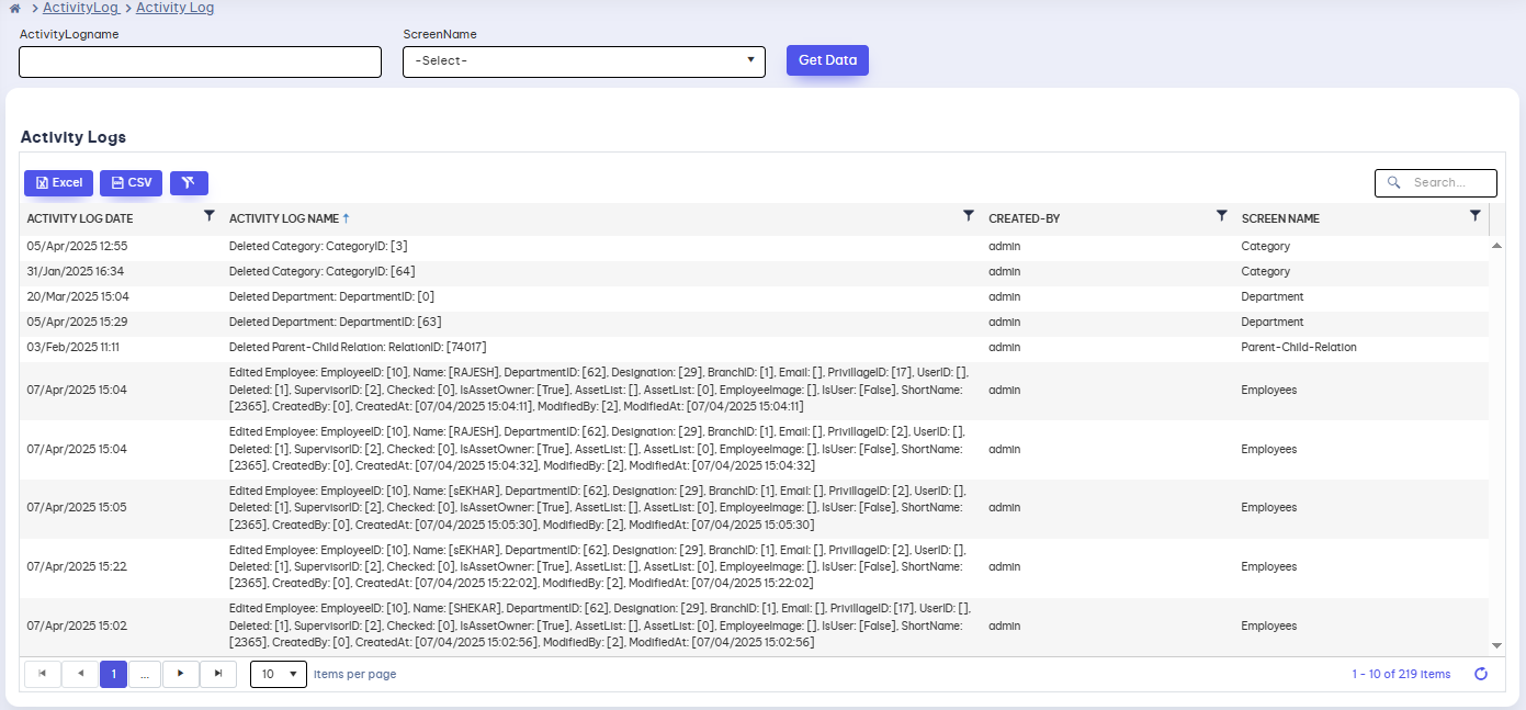 activity log