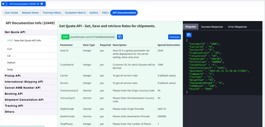 Interactive API documentation for courier management software