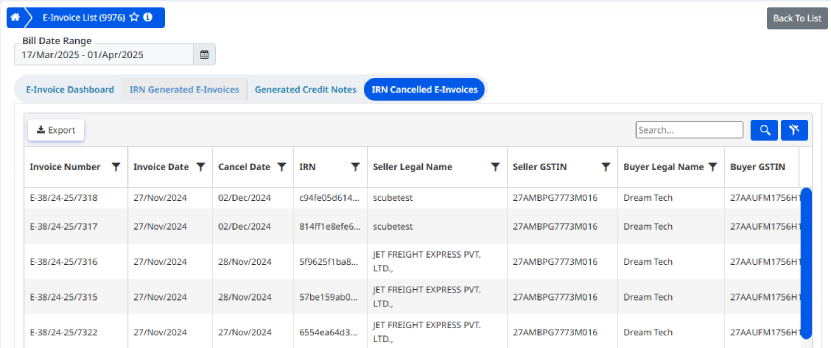 Screenshot showing cancelled IRN management in e-invoicing software