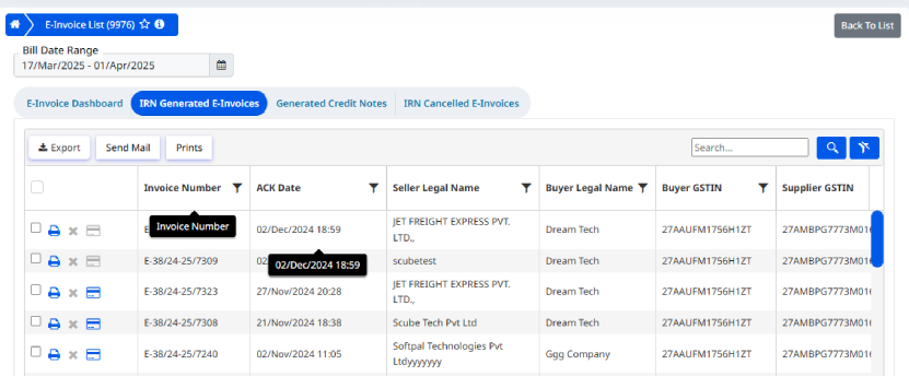 Dashboard showing list of IRN generated e-invoices with status indicators